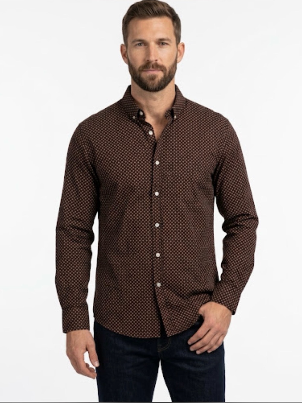 Murano Brown Geo Dot Button-Down Long Sleeve Shirt Men’s Size XL